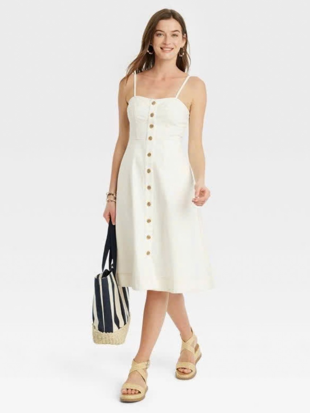 Universal Thread White Button-Front Corset Denim Sundress with Spaghetti Straps
